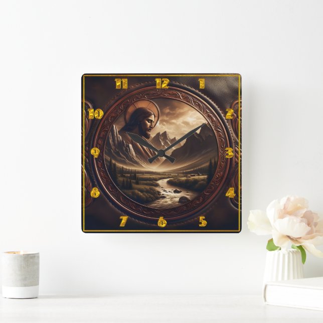 Reloj Cuadrado Jesús en el majestuoso paisaje montañoso al atarde (Hogar)
