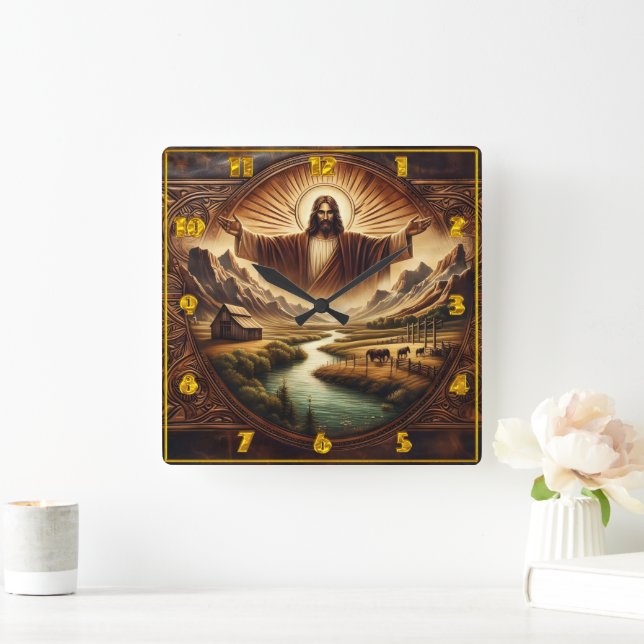 Reloj Cuadrado Jesús en el paisaje majestuoso al amanecer (Hogar)