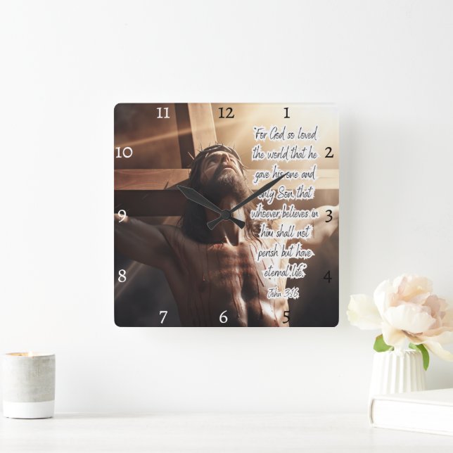Reloj Cuadrado Jesús: Juan 3:16, Vida Eterna (Hogar)