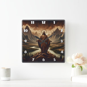 Reloj Cuadrado Jesús parado en majestuosas montañas al atardecer