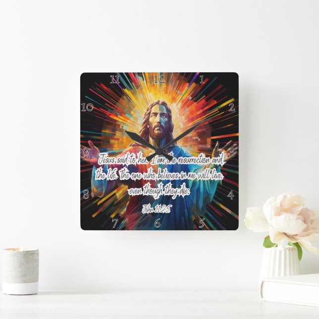Reloj Cuadrado Jesús: Resurrección, vida, creyentes viven (Hogar)