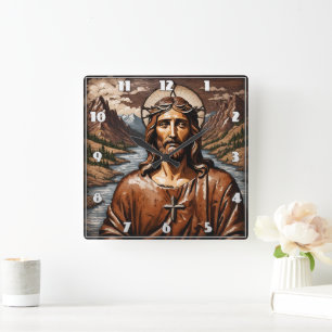 Reloj Cuadrado Jesús rodeado de montañas y vía fluvial