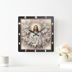 Reloj Cuadrado Jesús rodeado de Rosas de Lilies