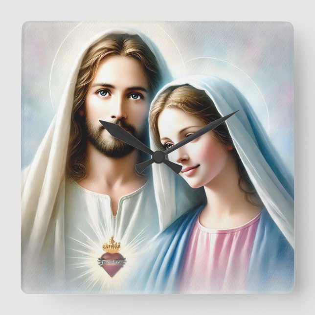 Reloj Cuadrado Jesús y María con Sagrado Corazón (Anverso)