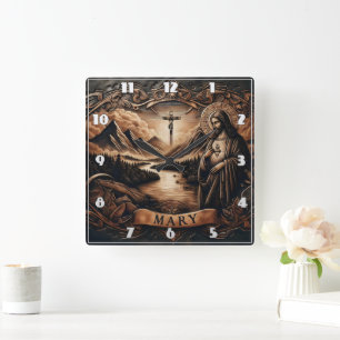 Reloj Cuadrado Jesús y María junto a un río con montañas en el Du