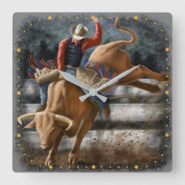 Reloj Cuadrado Jinete de Rodeo Vaquero Toro Salvaje Tema Occident