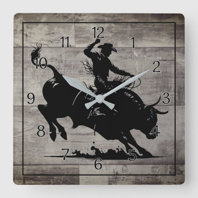 Reloj Cuadrado Jinete de Toro Rodeo Rústico (Anverso)