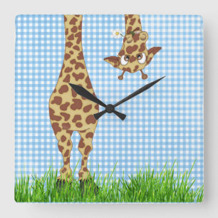 Reloj Cuadrado Jirafa y margarita sobre gingham azul