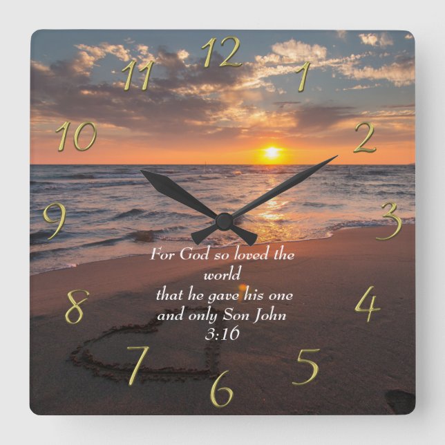 Reloj Cuadrado John 3:16 océano de fe cristiana con puesta de sol (Anverso)