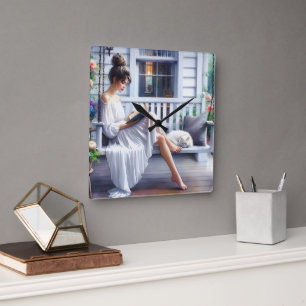 Reloj Cuadrado Joven leyendo un libro con gato