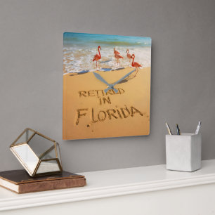 Reloj Cuadrado Jubilados en Florida Flamencos en Playa Tropical
