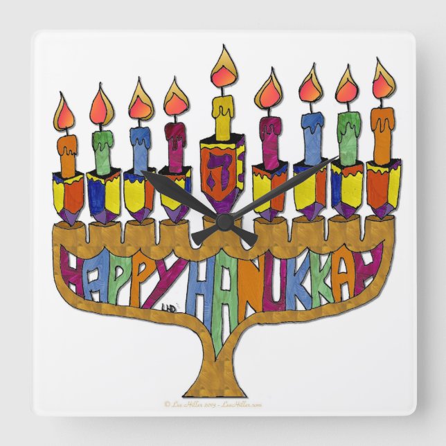 Reloj Cuadrado Judaica Happy Hanukkah Dreidel Menorah (Anverso)