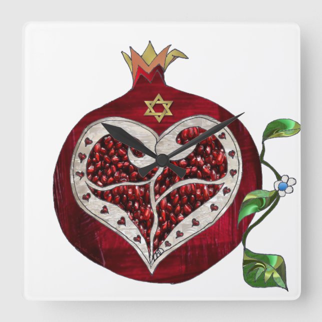 Reloj Cuadrado Judaica Pomegranate Heart Hanukkah Rosh Hashanah (Anverso)