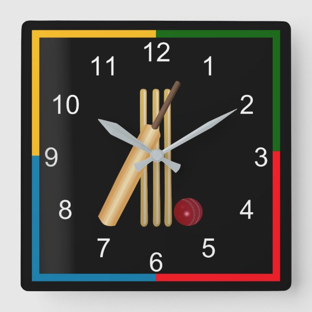 Reloj Cuadrado Juego de Cricket, Wicket, Bat y Ball (Anverso)