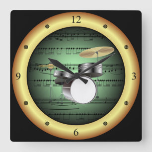 Reloj Cuadrado Juego de tambores ~ Hoja de música ~ Fondo Verde/O