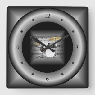 Reloj Cuadrado Juego de tambores ~ Música de hojas 3D ~ Plata alm