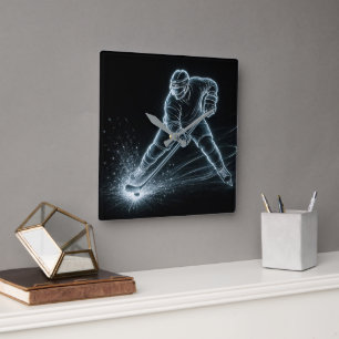Reloj Cuadrado Jugador de Hockey de Neón en Hielo