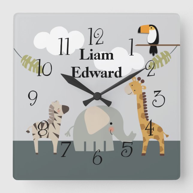 Reloj Cuadrado Jungle Safari Animals Nursery Wall Clock (Anverso)