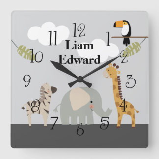 Reloj Cuadrado Jungle Safari Animals Nursery Wall Clock