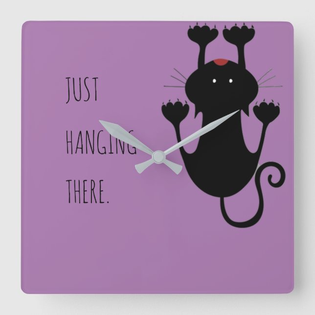 Reloj Cuadrado Just hanging there black cat cartoon funny text (Anverso)