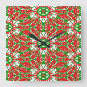Reloj Cuadrado Kaleidoscopio rojo, verde y blanco