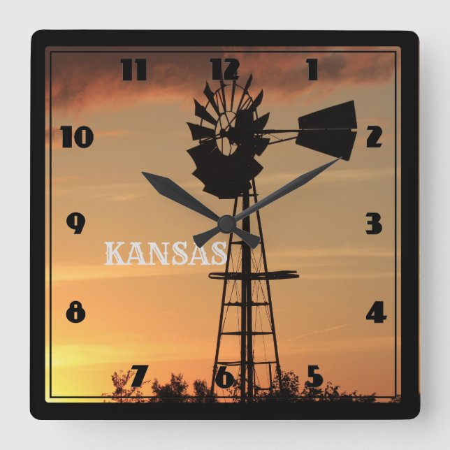 Reloj Cuadrado Kansas Sunset con silueta de molino de viento (Anverso)