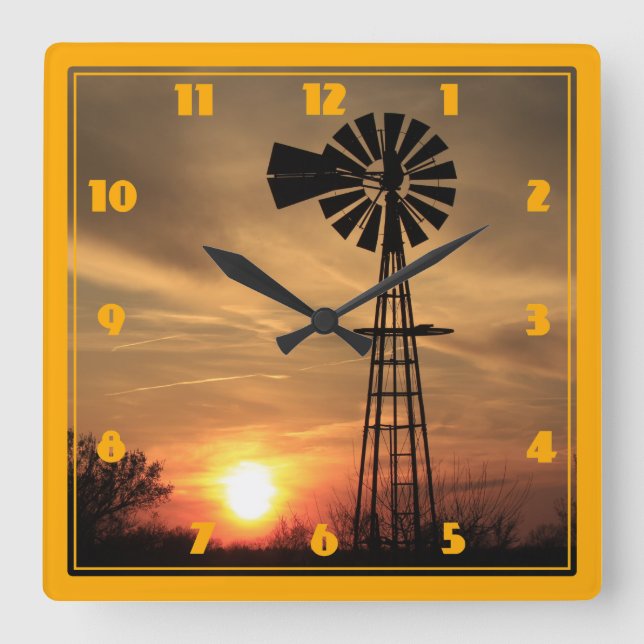 Reloj Cuadrado Kansas Windmill Silhouette Sunset (Anverso)