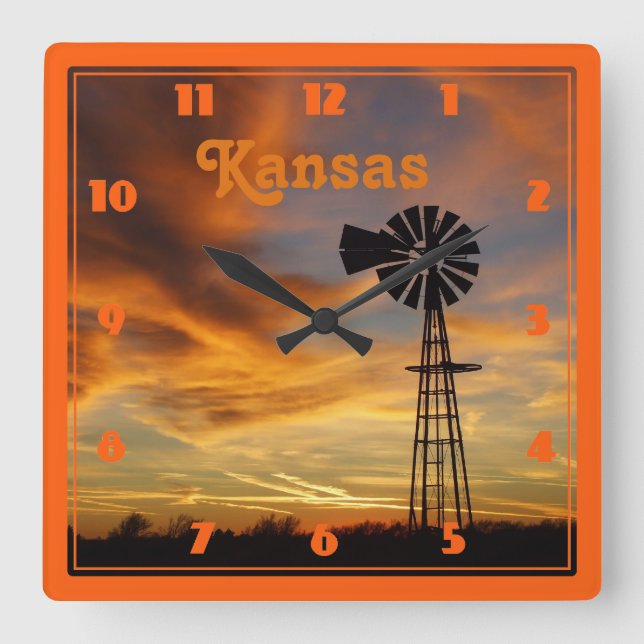 Reloj Cuadrado Kansas Windmill Silhouette Sunset (Anverso)