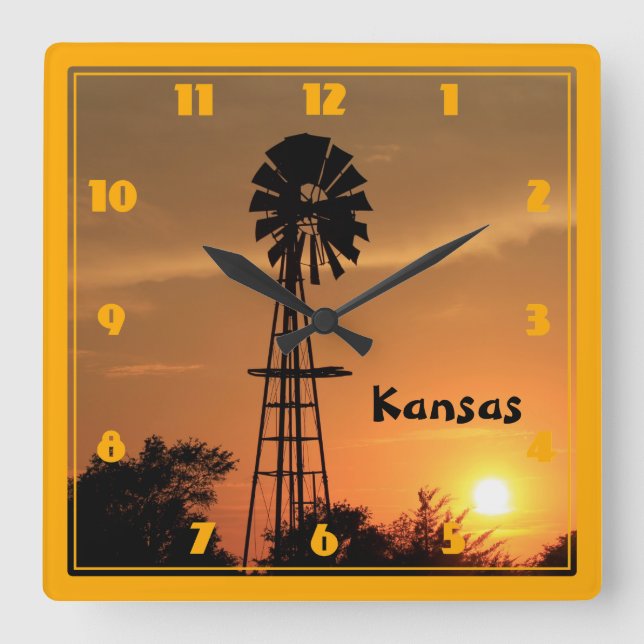 Reloj Cuadrado Kansas Windmill Silhouette Sunset (Anverso)