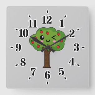 Reloj Cuadrado Kawaii feliz árbol de manzanas