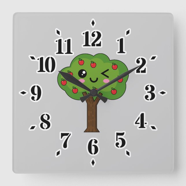 Reloj Cuadrado Kawaii feliz árbol de manzanas (Anverso)