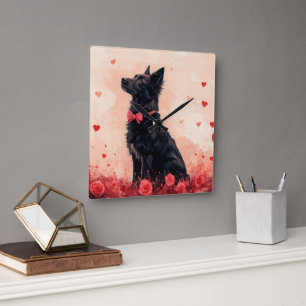 Reloj Cuadrado Kelpie australiano con rosas - Día de San Valentín