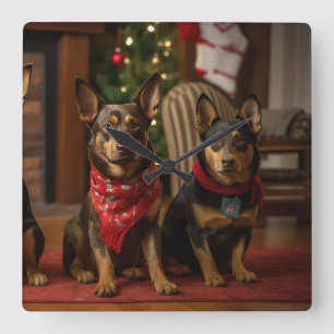 Reloj Cuadrado Kelpie australiano junto a la chimenea en Navidad