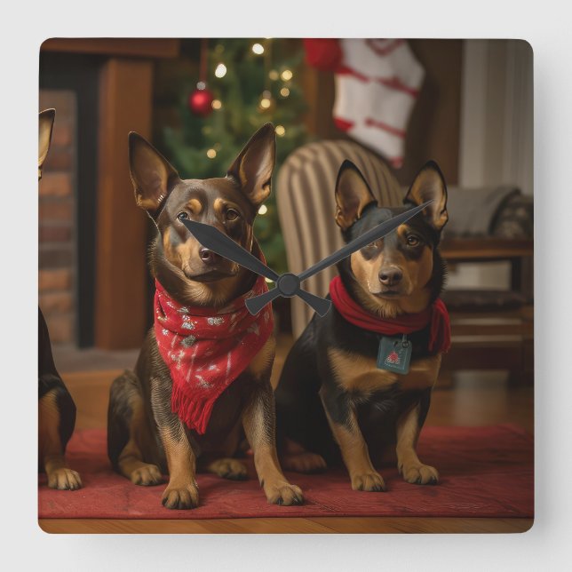 Reloj Cuadrado Kelpie australiano por los Navidades de la chimene (Anverso)