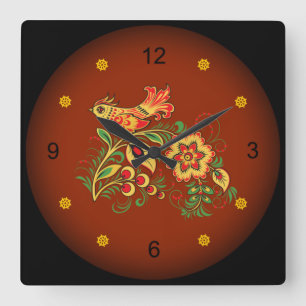 Reloj Cuadrado Khokhloma ~ Arte folclórico ruso ~ Ave ~ Flores ~