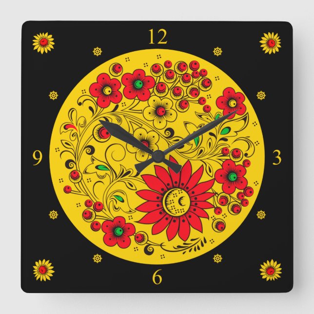 Reloj Cuadrado Khokhloma ~ Arte folclórico ruso ~ Flores ~ (Anverso)