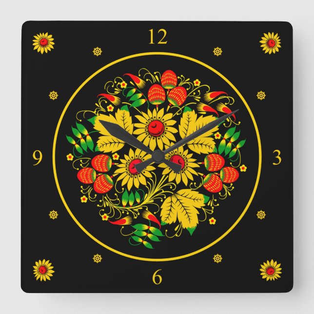 Reloj Cuadrado Khokhloma ~ Arte folclórico ruso ~ Flores ~ (Anverso)