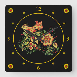 Reloj Cuadrado Khokhloma ~ Arte folclórico ruso ~Pájaro y flor ~ 
