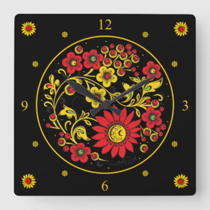 Reloj Cuadrado Khokhloma ~ Arte popular ruso ~ Flores rojas/dorad