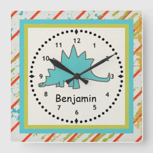 Reloj Cuadrado Kids' Dinosaur Wall Clock Blue Stegosaurus