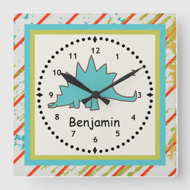 Reloj Cuadrado Kids' Dinosaur Wall Clock Blue Stegosaurus (Anverso)