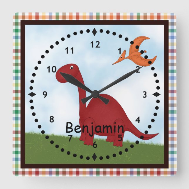 Reloj Cuadrado Kids' Red Dinosaur Wall Clock (Anverso)