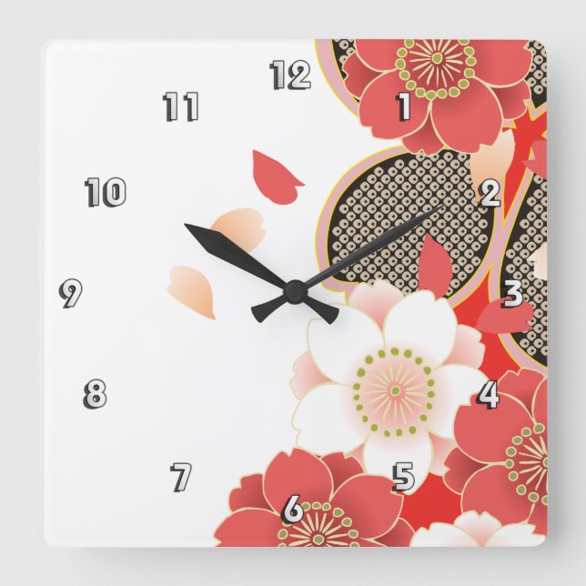 Reloj Cuadrado Kimono japonés Sakura rojo y blanco (Anverso)