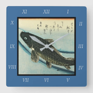 Reloj Cuadrado Koi (carpa) - Impresión de pescado japonés de Hiro