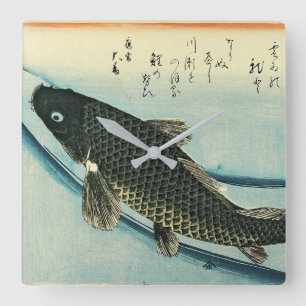 Reloj Cuadrado Koi (carpa) - Impresión de pescado japonés de Hiro