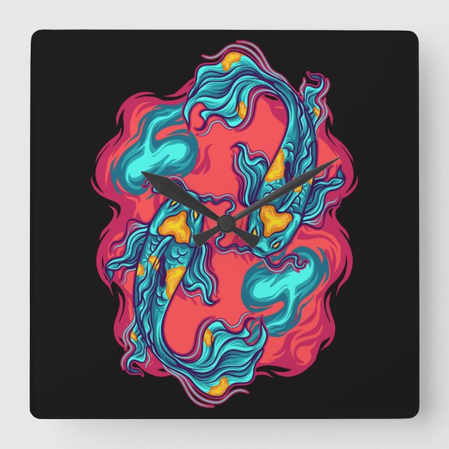 Reloj Cuadrado Koi Fish Yin Yang (Anverso)