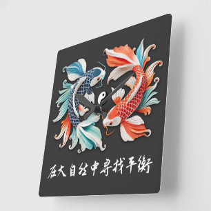 Reloj Cuadrado Koi Rojo y Azul Prosperidad Yin Yang