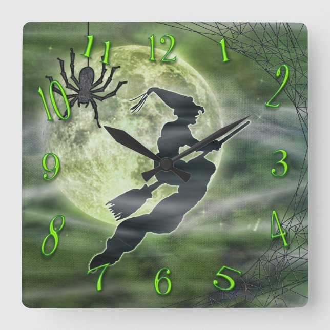 Reloj Cuadrado La bruja de Halloween y la plaza de araña verde (Anverso)