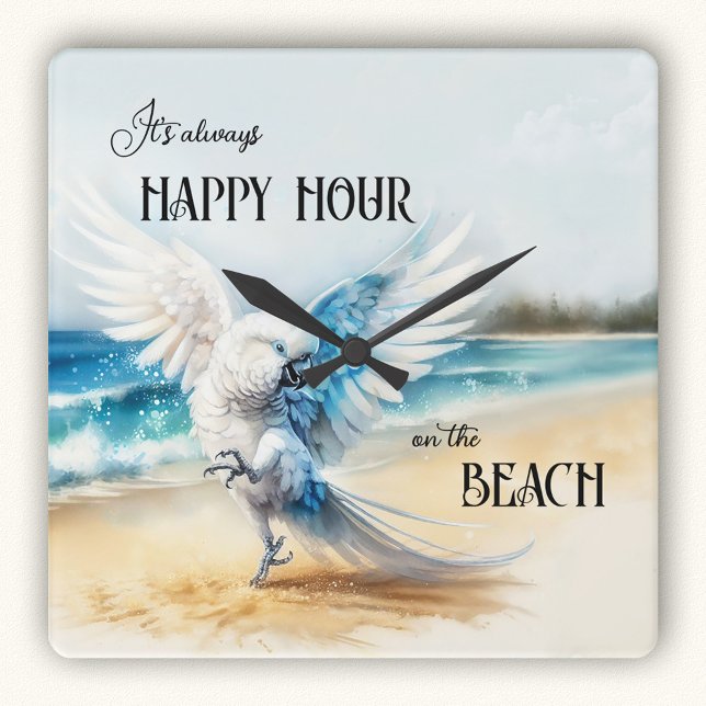 Reloj Cuadrado La divertida playa de baile del loro (Wall clock featuring a painting of a funny dancing cockatoo parrot on the beach)