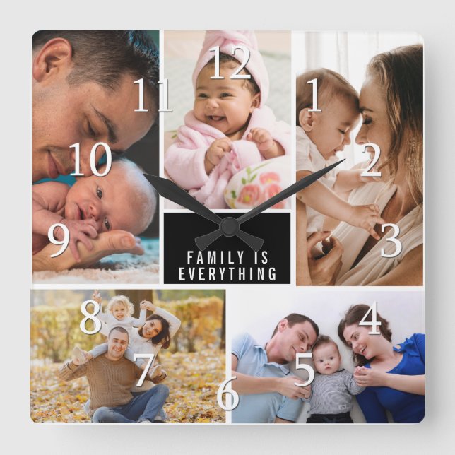 Reloj Cuadrado La Familia De Collages de fotos personalizado 5 Es (Anverso)